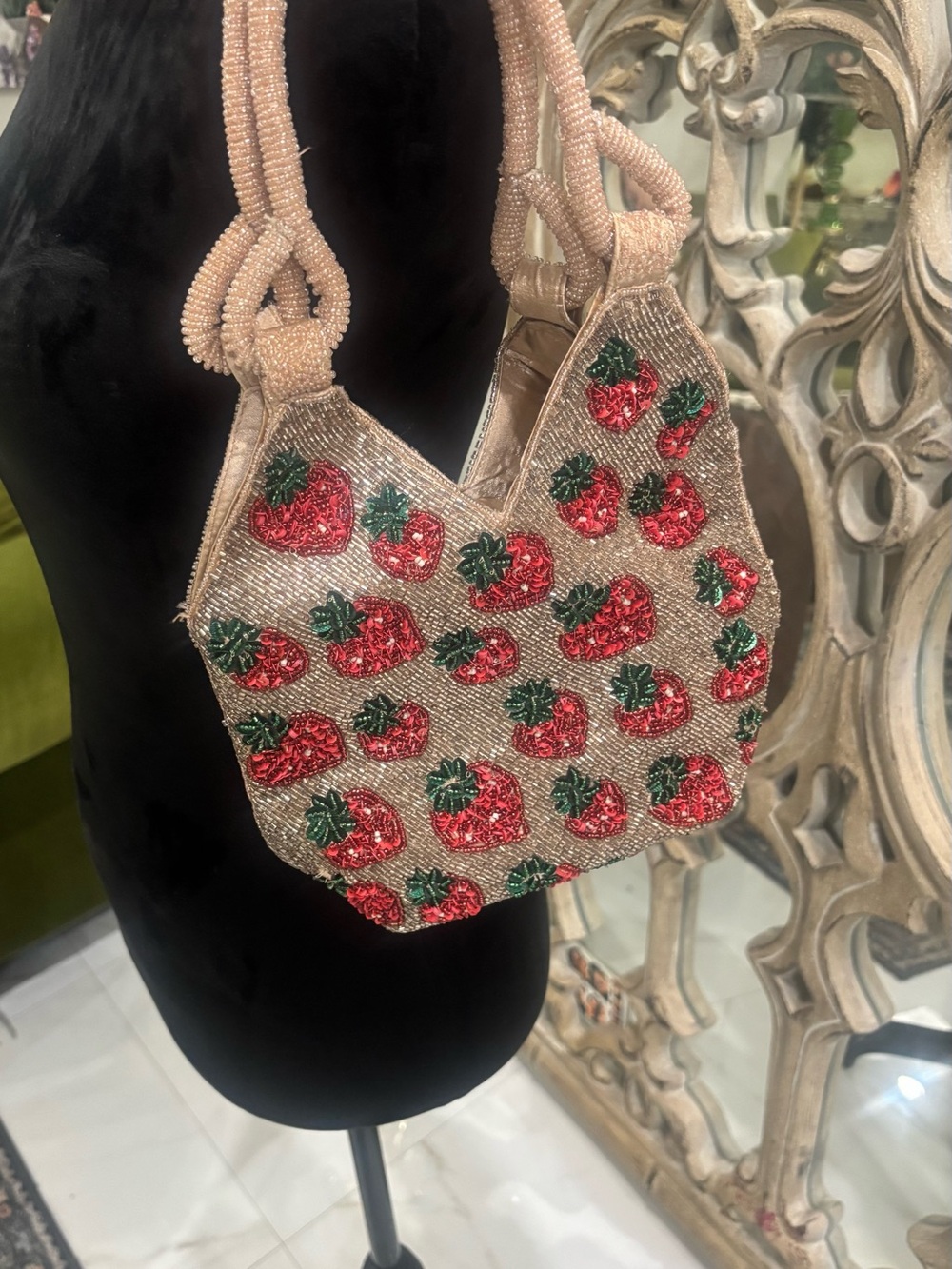 Beaded Strawberry Pattern Handbag in Champagne - Picture 2 of 2